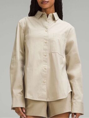 Lululemon Relaxed-Fit Cotton-Blend Poplin Button-Down Shirt Compass Khaki Med